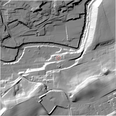 Shaded relief map of the ground around BL97HX, computed from Environment Agency LiDAR. The ground here sits at about 88 m above sea level and falls 48 m across the surrounding 800 m. Surface water reaching this point runs off ground lying to the east, 9.4 m higher.