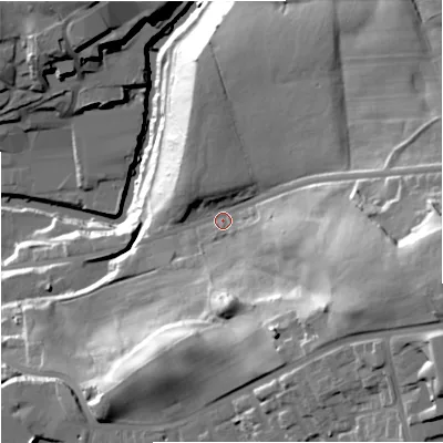 Shaded relief map of the ground around BL97HZ, computed from Environment Agency LiDAR. The ground here sits at about 101 m above sea level and falls 62 m across the surrounding 800 m. Surface water reaching this point runs off ground lying to the east-south-east, 39.8 m higher.