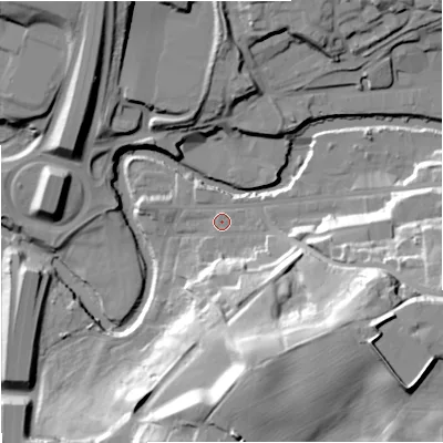 Shaded relief map of the ground around BL97JX, computed from Environment Agency LiDAR. The ground here sits at about 79 m above sea level and falls 41 m across the surrounding 800 m. Surface water reaching this point runs off ground lying to the south-east, 32.5 m higher.