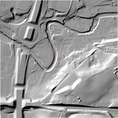 Shaded relief map of the ground around BL97JY, computed from Environment Agency LiDAR. The ground here sits at about 78 m above sea level and falls 42 m across the surrounding 800 m. Surface water reaching this point runs off ground lying to the east, 37.9 m higher.