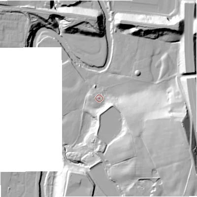Shaded relief map of the ground around BL97LA, computed from Environment Agency LiDAR. The ground here sits at about 77 m above sea level and falls 36 m across the surrounding 800 m. Surface water reaching this point runs off ground lying to the south-east, 7.7 m higher.