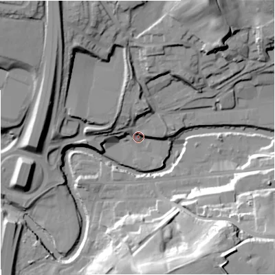 Shaded relief map of the ground around BL97NY, computed from Environment Agency LiDAR. The ground here sits at about 79 m above sea level and falls 41 m across the surrounding 800 m. Surface water reaching this point runs off ground lying to the north, 12.8 m higher.