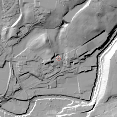 Shaded relief map of the ground around BL97NZ, computed from Environment Agency LiDAR. The ground here sits at about 92 m above sea level and falls 48 m across the surrounding 800 m. Surface water reaching this point runs off ground lying to the west-north-west, 7.4 m higher.