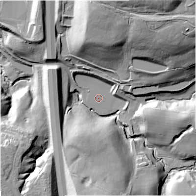 Shaded relief map of the ground around BL98GD, computed from Environment Agency LiDAR. The ground here sits at about 80 m above sea level and falls 52 m across the surrounding 800 m. The ground contributing surface water to this point lies to the north-north-east.