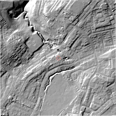 Shaded relief map of the ground around BL98JB, computed from Environment Agency LiDAR. The ground here sits at about 89 m above sea level and falls 19 m across the surrounding 800 m. Surface water reaching this point runs off ground lying to the south-west, 0.9 m higher.