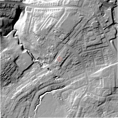 Shaded relief map of the ground around BL98JW, computed from Environment Agency LiDAR. The ground here sits at about 91 m above sea level and falls 21 m across the surrounding 800 m. Surface water reaching this point runs off ground lying to the north-north-east, 5.2 m higher.