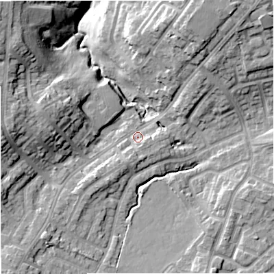 Shaded relief map of the ground around BL98LX, computed from Environment Agency LiDAR. The ground here sits at about 88 m above sea level and falls 21 m across the surrounding 800 m. Surface water reaching this point runs off ground lying to the south-south-west, 2.9 m higher.