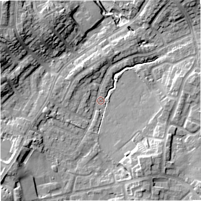 Shaded relief map of the ground around BL98PD, computed from Environment Agency LiDAR. The ground here sits at about 87 m above sea level and falls 18 m across the surrounding 800 m. Surface water reaching this point runs off ground lying to the south-west, 10.9 m higher.
