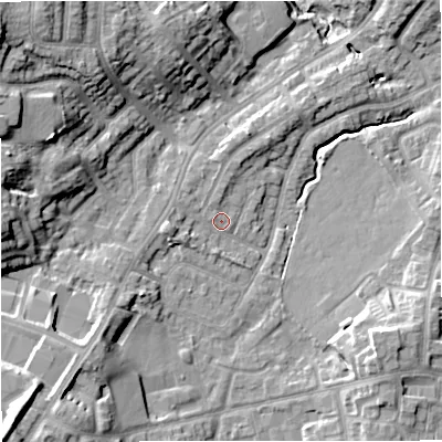 Shaded relief map of the ground around BL98PG, computed from Environment Agency LiDAR. The ground here sits at about 88 m above sea level and falls 21 m across the surrounding 800 m. Surface water reaching this point runs off ground lying to the north-north-east, 2.8 m higher.
