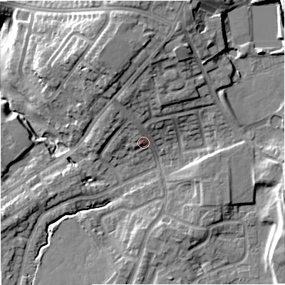 Shaded relief map of the ground around BL98PN, computed from Environment Agency LiDAR. The ground here sits at about 90 m above sea level and falls 20 m across the surrounding 800 m. Surface water reaching this point runs off ground lying to the north, 7.5 m higher.