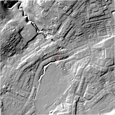 Shaded relief map of the ground around BL98PP, computed from Environment Agency LiDAR. The ground here sits at about 87 m above sea level and falls 18 m across the surrounding 800 m. Surface water reaching this point runs off ground lying to the north-north-east, 13.1 m higher.