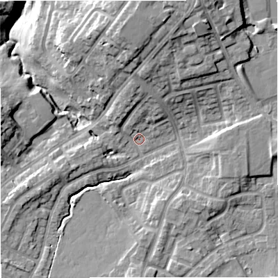 Shaded relief map of the ground around BL98PS, computed from Environment Agency LiDAR. The ground here sits at about 87 m above sea level and falls 19 m across the surrounding 800 m. Surface water reaching this point runs off ground lying to the north, 9.1 m higher.