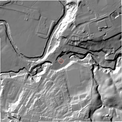 Shaded relief map of the ground around BL98QG, computed from Environment Agency LiDAR. The ground here sits at about 71 m above sea level and falls 38 m across the surrounding 800 m. Surface water reaching this point runs off ground lying to the south-south-east, 31.6 m higher.