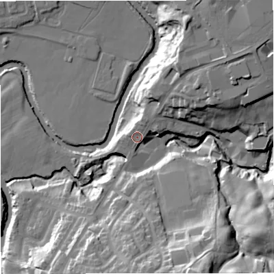 Shaded relief map of the ground around BL98QH, computed from Environment Agency LiDAR. The ground here sits at about 74 m above sea level and falls 36 m across the surrounding 800 m. Surface water reaching this point runs off ground lying to the south-south-east, 30.7 m higher.