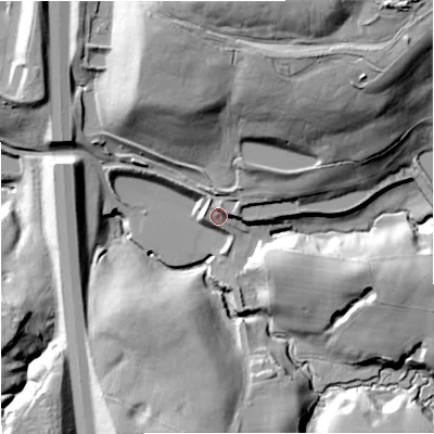 Shaded relief map of the ground around BL98QW, computed from Environment Agency LiDAR. The ground here sits at about 86 m above sea level and falls 53 m across the surrounding 800 m. Surface water reaching this point runs off ground lying to the north-east, 13.7 m higher.