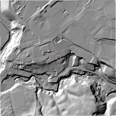 Shaded relief map of the ground around BL98RR, computed from Environment Agency LiDAR. The ground here sits at about 87 m above sea level and falls 35 m across the surrounding 800 m. Surface water reaching this point runs off ground lying to the north-north-west, 4.9 m higher.