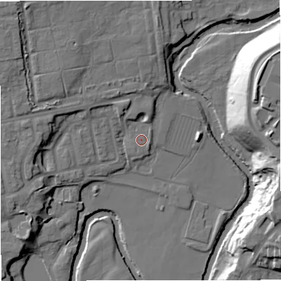 Shaded relief map of the ground around BL99GQ, computed from Environment Agency LiDAR. The ground here sits at about 71 m above sea level and falls 26 m across the surrounding 800 m. Surface water reaching this point runs off ground lying to the north-east, 0.7 m higher.