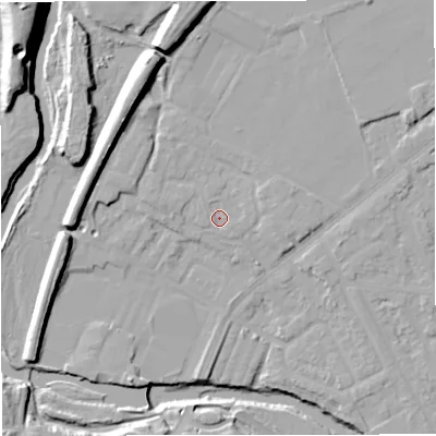 Shaded relief map of the ground around BL99JT, computed from Environment Agency LiDAR. The ground here sits at about 71 m above sea level and falls 25 m across the surrounding 800 m. Surface water reaching this point runs off ground lying to the north, 10.1 m higher.
