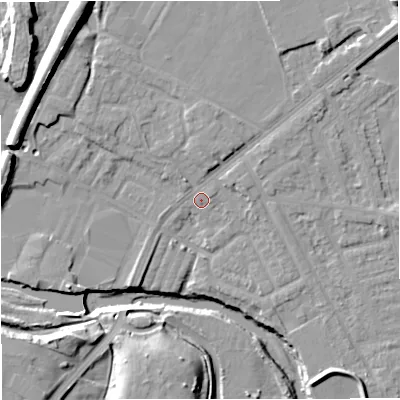 Shaded relief map of the ground around BL99LN, computed from Environment Agency LiDAR. The ground here sits at about 71 m above sea level and falls 17 m across the surrounding 800 m. Surface water reaching this point runs off ground lying to the north-east, 5.8 m higher.