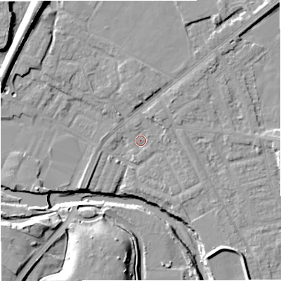 Shaded relief map of the ground around BL99LP, computed from Environment Agency LiDAR. The ground here sits at about 70 m above sea level and falls 16 m across the surrounding 800 m. Surface water reaching this point runs off ground lying to the north, 1.9 m higher.