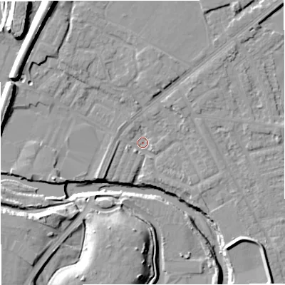 Shaded relief map of the ground around BL99LR, computed from Environment Agency LiDAR. The ground here sits at about 69 m above sea level and falls 15 m across the surrounding 800 m. Surface water reaching this point runs off ground lying to the north-east, 3.6 m higher.