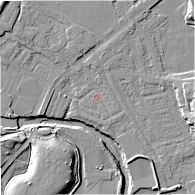 Shaded relief map of the ground around BL99LS, computed from Environment Agency LiDAR. The ground here sits at about 70 m above sea level and falls 15 m across the surrounding 800 m. Surface water reaching this point runs off ground lying to the north, 2.3 m higher.