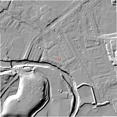 Shaded relief map of the ground around BL99LT, computed from Environment Agency LiDAR. The ground here sits at about 70 m above sea level and falls 13 m across the surrounding 800 m. Surface water reaching this point runs off ground lying to the east, 0.7 m higher.