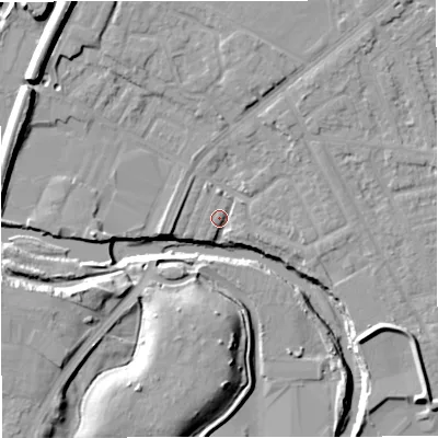 Shaded relief map of the ground around BL99LU, computed from Environment Agency LiDAR. The ground here sits at about 70 m above sea level and falls 15 m across the surrounding 800 m. Surface water reaching this point runs off ground lying to the north-east, 4.9 m higher.