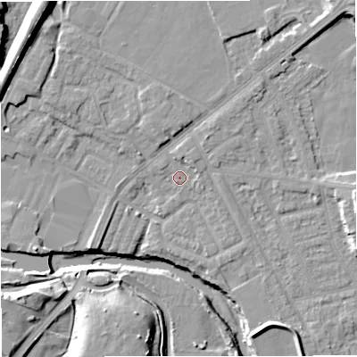 Shaded relief map of the ground around BL99LW, computed from Environment Agency LiDAR. The ground here sits at about 70 m above sea level and falls 16 m across the surrounding 800 m. Surface water reaching this point runs off ground lying to the north-north-east, 1.8 m higher.