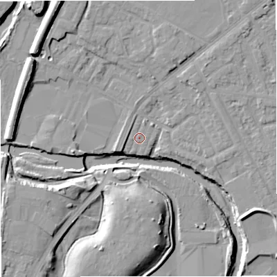 Shaded relief map of the ground around BL99LX, computed from Environment Agency LiDAR. The ground here sits at about 70 m above sea level and falls 15 m across the surrounding 800 m. Surface water reaching this point runs off ground lying to the north-north-east, 3.7 m higher.