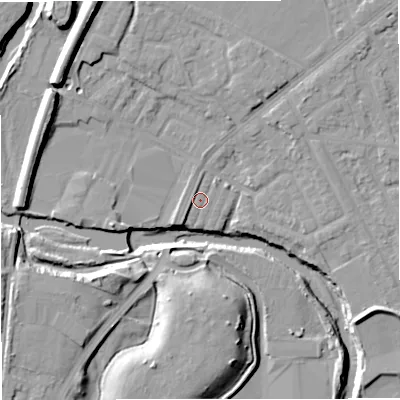 Shaded relief map of the ground around BL99LY, computed from Environment Agency LiDAR. The ground here sits at about 70 m above sea level and falls 15 m across the surrounding 800 m. Surface water reaching this point runs off ground lying to the north-north-west, 3.7 m higher.