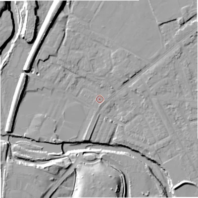 Shaded relief map of the ground around BL99LZ, computed from Environment Agency LiDAR. The ground here sits at about 70 m above sea level and falls 21 m across the surrounding 800 m. Surface water reaching this point runs off ground lying to the north-east, 1.6 m higher.
