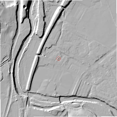 Shaded relief map of the ground around BL99NA, computed from Environment Agency LiDAR. The ground here sits at about 71 m above sea level and falls 23 m across the surrounding 800 m. Surface water reaching this point runs off ground lying to the north, 10.6 m higher.