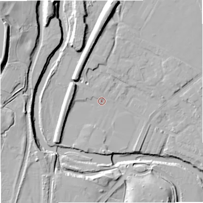 Shaded relief map of the ground around BL99NB, computed from Environment Agency LiDAR. The ground here sits at about 71 m above sea level and falls 24 m across the surrounding 800 m. Surface water reaching this point runs off ground lying to the north, 0.9 m higher.