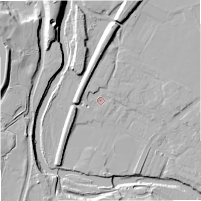 Shaded relief map of the ground around BL99ND, computed from Environment Agency LiDAR. The ground here sits at about 71 m above sea level and falls 25 m across the surrounding 800 m. Surface water reaching this point runs off ground lying to the north-north-east, 10.6 m higher.