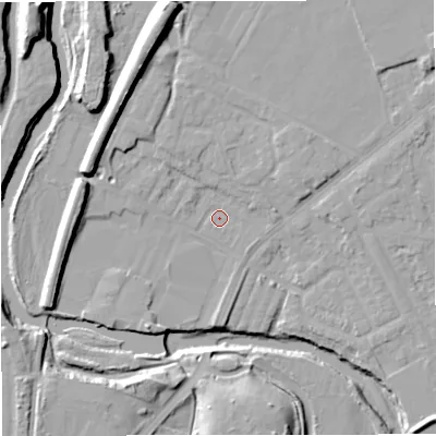 Shaded relief map of the ground around BL99NE, computed from Environment Agency LiDAR. The ground here sits at about 70 m above sea level and falls 21 m across the surrounding 800 m. Surface water reaching this point runs off ground lying to the north-north-east, 2.1 m higher.