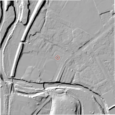 Shaded relief map of the ground around BL99NF, computed from Environment Agency LiDAR. The ground here sits at about 70 m above sea level and falls 21 m across the surrounding 800 m. Surface water reaching this point runs off ground lying to the north-north-west, 10.9 m higher.