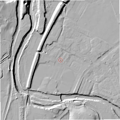 Shaded relief map of the ground around BL99NG, computed from Environment Agency LiDAR. The ground here sits at about 71 m above sea level and falls 23 m across the surrounding 800 m. Surface water reaching this point runs off ground lying to the north, 10.4 m higher.