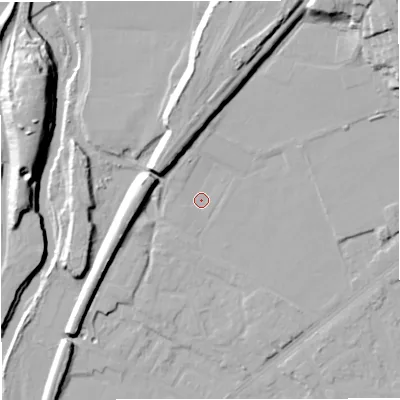 Shaded relief map of the ground around BL99NH, computed from Environment Agency LiDAR. The ground here sits at about 72 m above sea level and falls 20 m across the surrounding 800 m. Surface water reaching this point runs off ground lying to the north, 9.6 m higher.