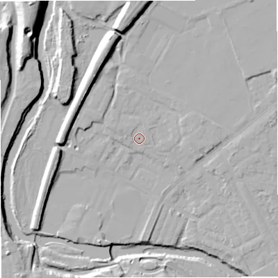 Shaded relief map of the ground around BL99NL, computed from Environment Agency LiDAR. The ground here sits at about 72 m above sea level and falls 25 m across the surrounding 800 m. Surface water reaching this point runs off ground lying to the north-west, 1.7 m higher.