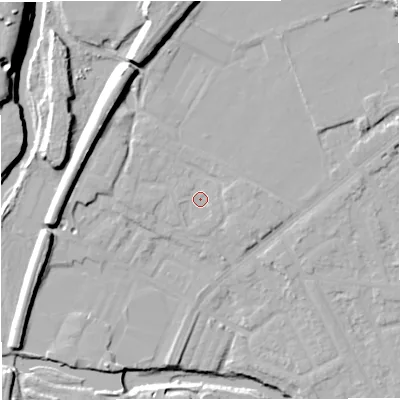 Shaded relief map of the ground around BL99NN, computed from Environment Agency LiDAR. The ground here sits at about 72 m above sea level and falls 25 m across the surrounding 800 m. Surface water reaching this point runs off ground lying to the north, 10.7 m higher.