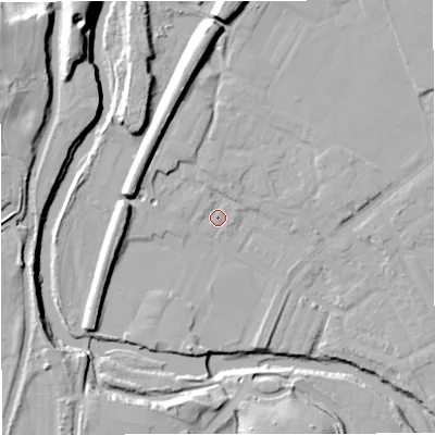 Shaded relief map of the ground around BL99NQ, computed from Environment Agency LiDAR. The ground here sits at about 71 m above sea level and falls 23 m across the surrounding 800 m. Surface water reaching this point runs off ground lying to the north, 2.4 m higher.