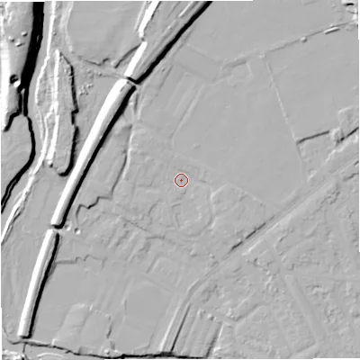 Shaded relief map of the ground around BL99NT, computed from Environment Agency LiDAR. The ground here sits at about 72 m above sea level and falls 24 m across the surrounding 800 m. Surface water reaching this point runs off ground lying to the north, 10.9 m higher.