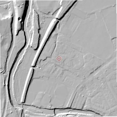 Shaded relief map of the ground around BL99NU, computed from Environment Agency LiDAR. The ground here sits at about 73 m above sea level and falls 25 m across the surrounding 800 m. Surface water reaching this point runs off ground lying to the west-north-west, 0.7 m higher.