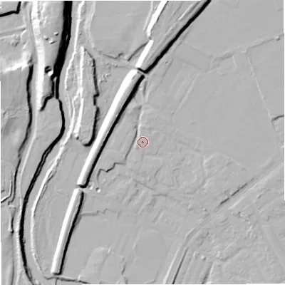 Shaded relief map of the ground around BL99NW, computed from Environment Agency LiDAR. The ground here sits at about 73 m above sea level and falls 22 m across the surrounding 800 m. Surface water reaching this point runs off ground lying to the north, 9.8 m higher.