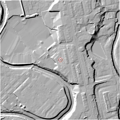 Shaded relief map of the ground around BL99PJ, computed from Environment Agency LiDAR. The ground here sits at about 74 m above sea level and falls 16 m across the surrounding 800 m. Surface water reaching this point runs off ground lying to the east, 2.6 m higher.