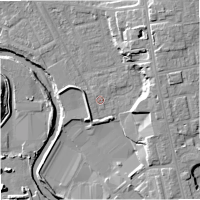 Shaded relief map of the ground around BL99PL, computed from Environment Agency LiDAR. The ground here sits at about 70 m above sea level and falls 16 m across the surrounding 800 m. Surface water reaching this point runs off ground lying to the west-north-west, 3.1 m higher.