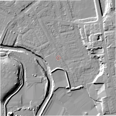 Shaded relief map of the ground around BL99PN, computed from Environment Agency LiDAR. The ground here sits at about 70 m above sea level and falls 18 m across the surrounding 800 m. Surface water reaching this point runs off ground lying to the east-north-east, 8.9 m higher.