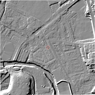 Shaded relief map of the ground around BL99PP, computed from Environment Agency LiDAR. The ground here sits at about 71 m above sea level and falls 18 m across the surrounding 800 m. Surface water reaching this point runs off ground lying to the north-north-west, 1.4 m higher.
