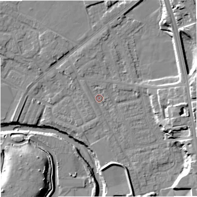 Shaded relief map of the ground around BL99PR, computed from Environment Agency LiDAR. The ground here sits at about 71 m above sea level and falls 18 m across the surrounding 800 m. Surface water reaching this point runs off ground lying to the north-north-west, 2.7 m higher.